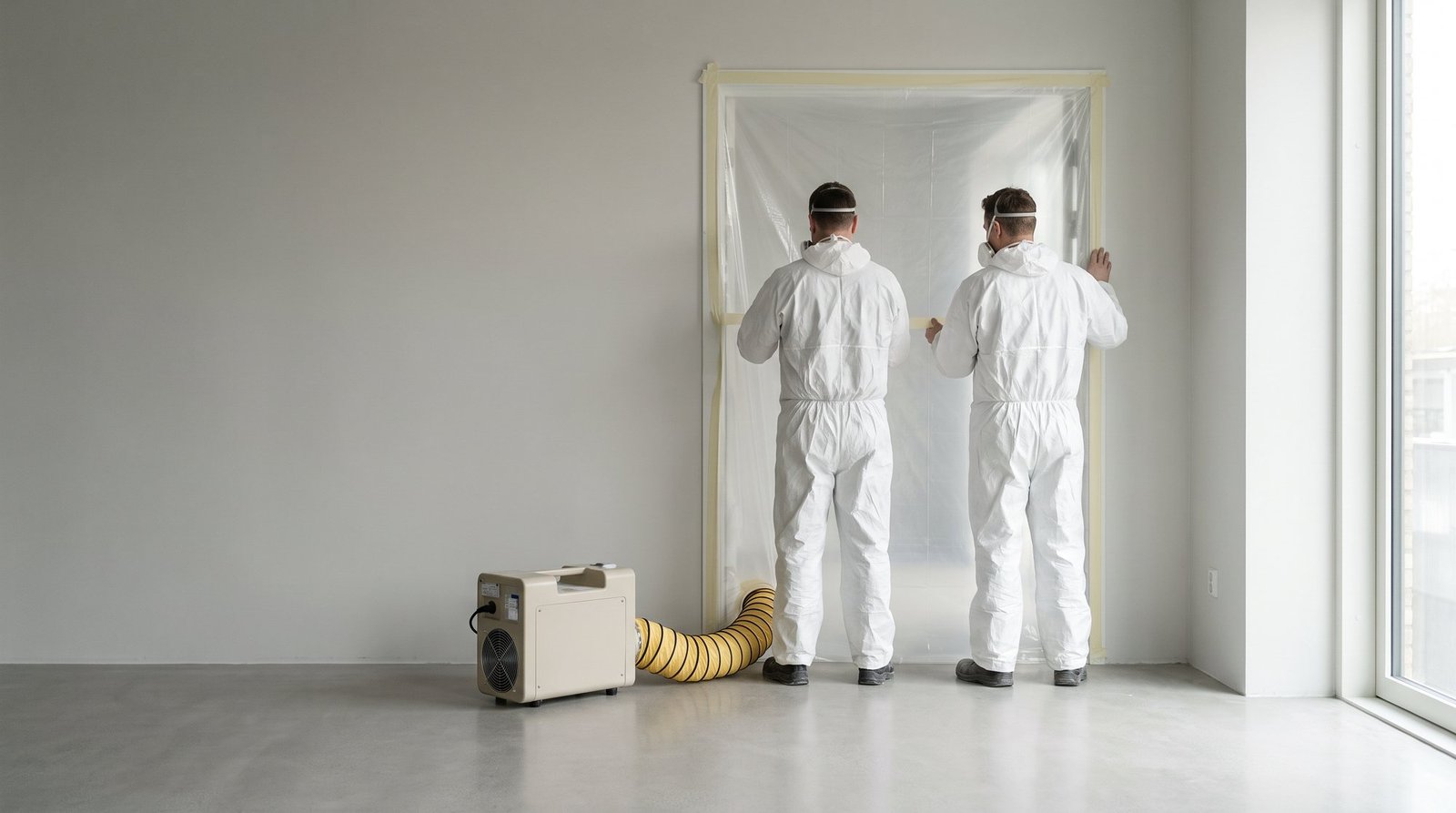 Two workers in white coveralls and respirator masks taping clear plastic sheeting over a doorway in an empty room, with a yellow flexible duct and a beige air machine on the floor